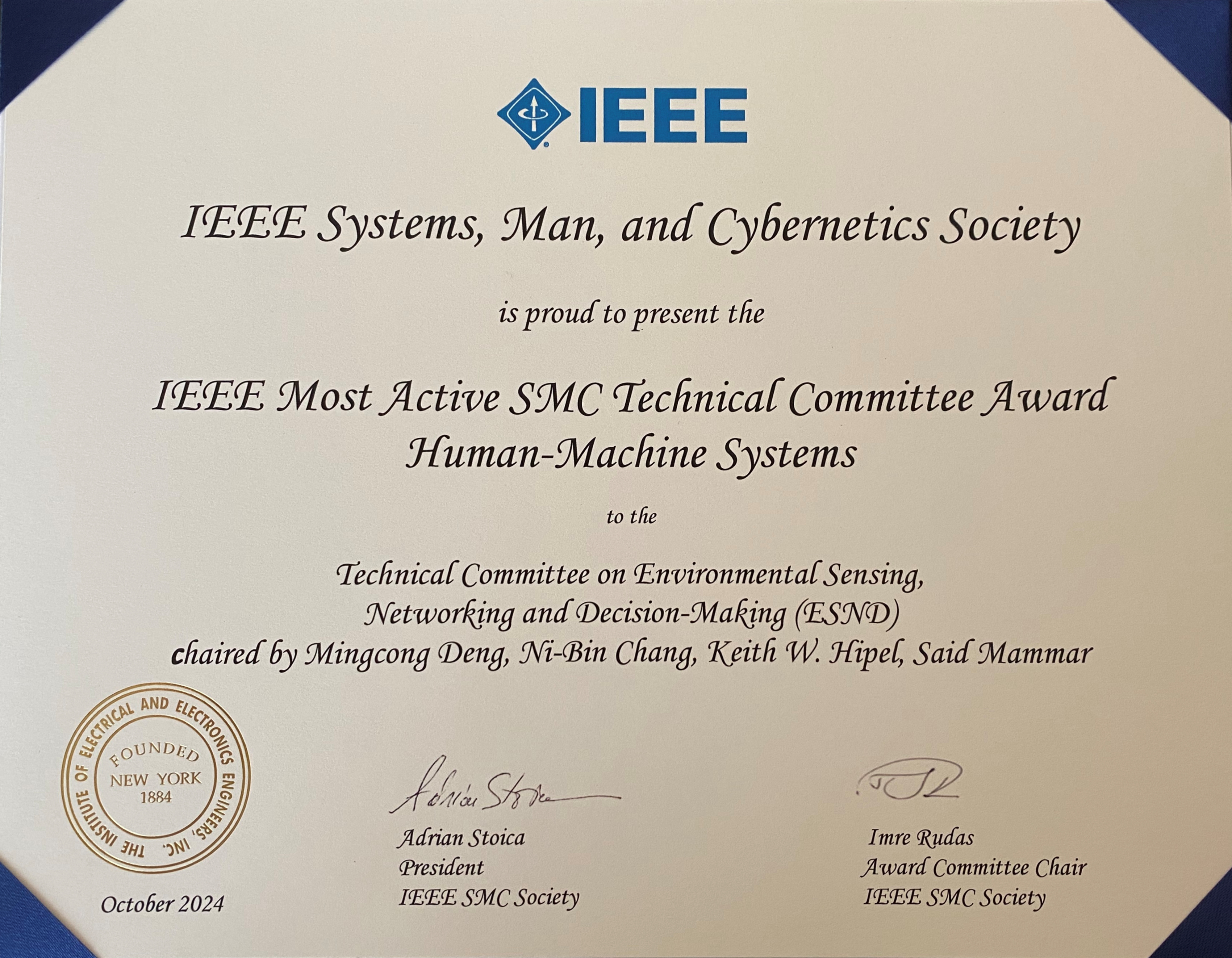 鄧明聡教授が「IEEE Most Active SMC Technical Committee Award